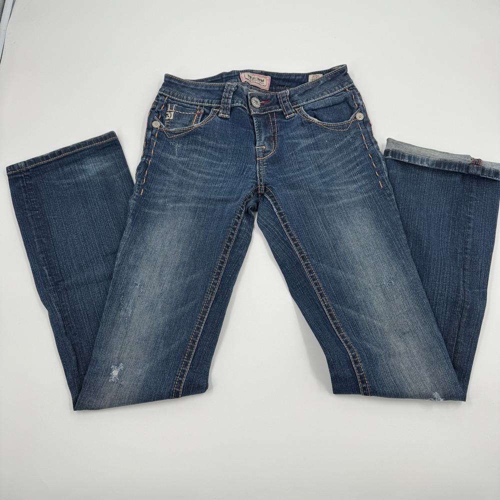 MEK Denim Noida Slim Boot Jeans Women 27x34 Dark Wash Distressed Contrast Stitch